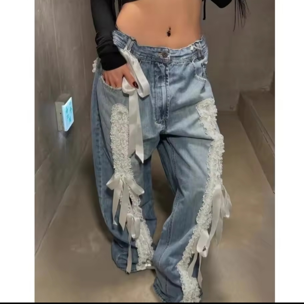 Street Spliced Button Jeans for Women Patchwork Bows Wide Leg Pants Female - Picture 3 of 5